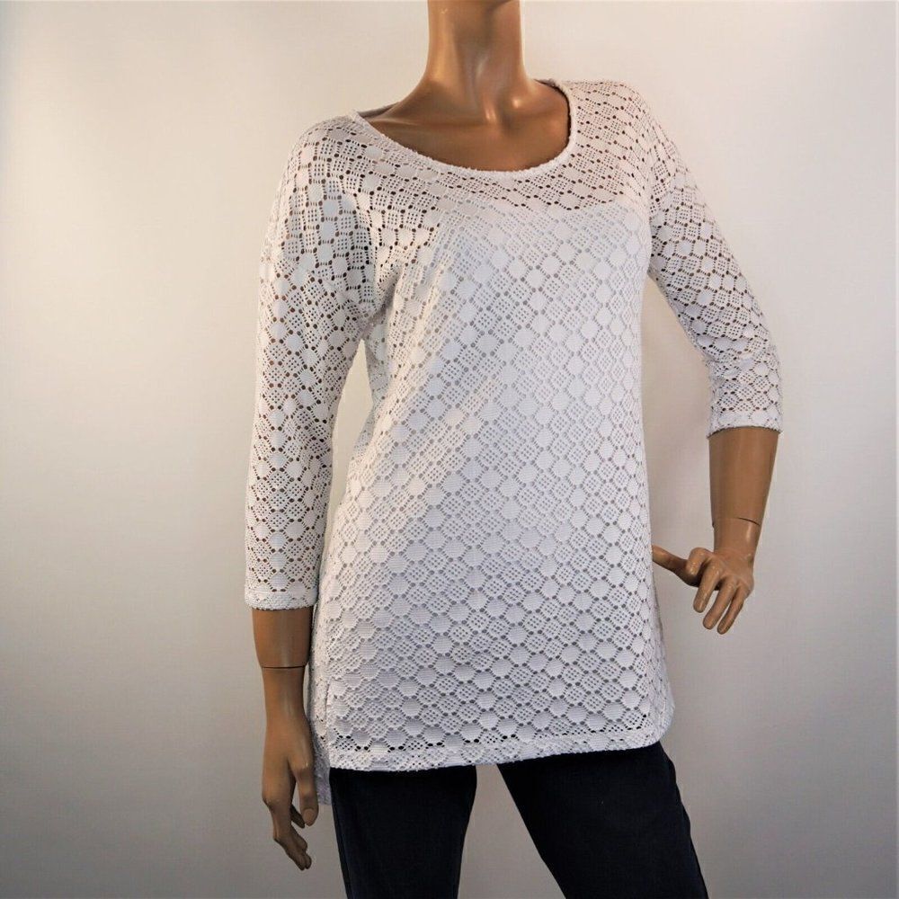 Peck And Peck White Tunic Top Cutout Pattern Stretch 3/4 Sleeve Lined Sz Small